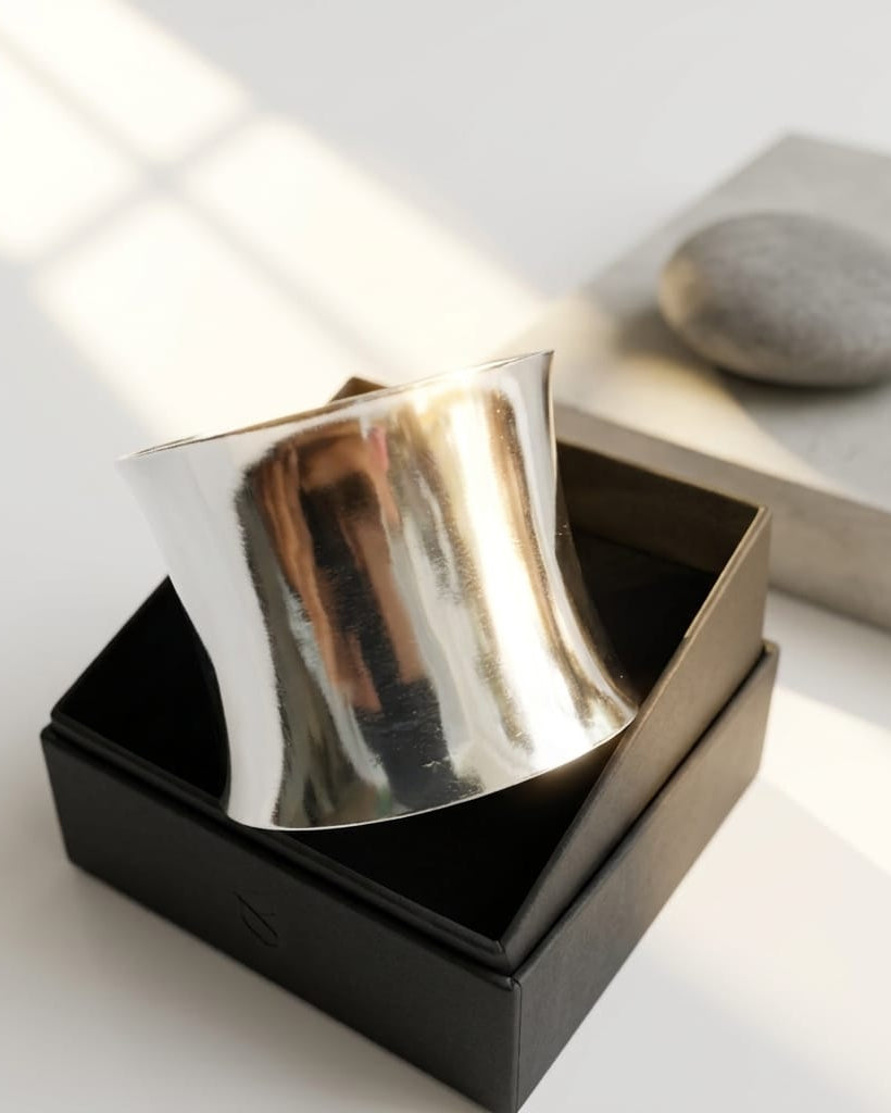 Silver Statement Cuff Bracelet • Bold Sculptural Wide Bangle • Adjustable High-Shine Cuff