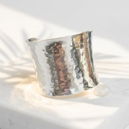 Hammered Silver Cuff Bracelet • Wide Textured Metal Bangle • Adjustable