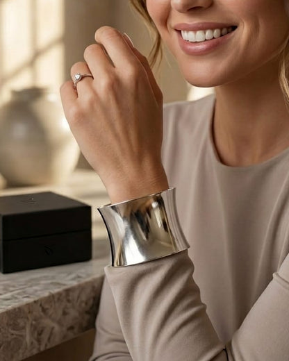 Silver Statement Cuff Bracelet • Bold Sculptural Wide Bangle • Adjustable High-Shine Cuff