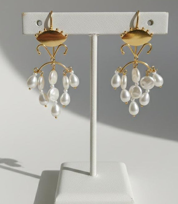 Baroque Pearl Chandelier Earrings – Gold Artisan Statement Dangle Jewelry