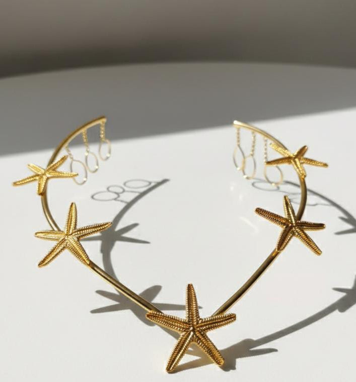 Gold Starfish Tiara – Coastal Wedding Hair Vine & Beach Bride Headpiece