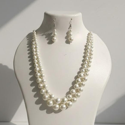 Classic Double Strand Pearl Necklace & Graduated Drop Earrings Set – Timeless Bridal Jewelry Ensemble
