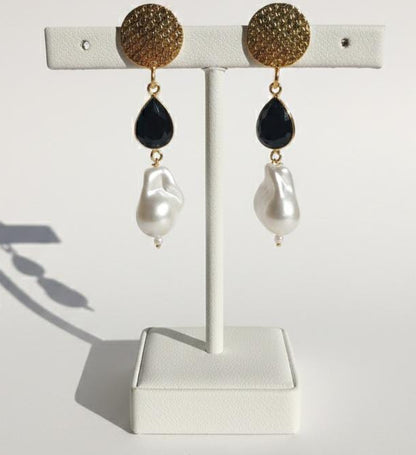 Elegant Gold, Onyx & Baroque Pearl Drop Earrings – Artisan Statement Dangles