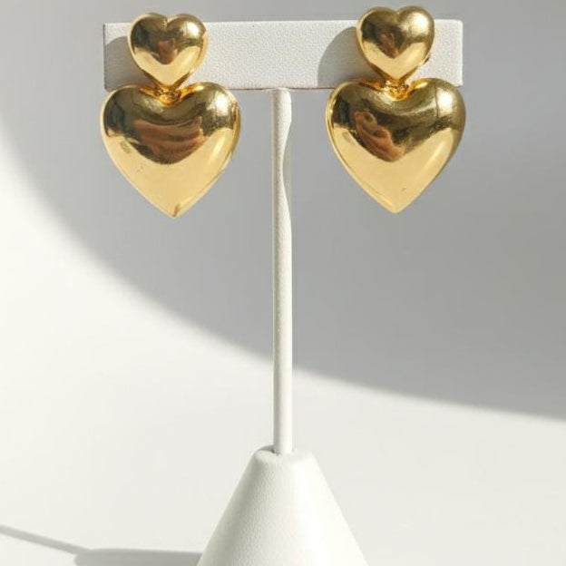 Gold Puffed Heart Drop Earrings – Chic Double Heart Statement Dangles