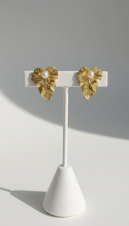 Gold Leaf Pearl Stud Earrings – Ornate Botanical Statement Jewelry for Her