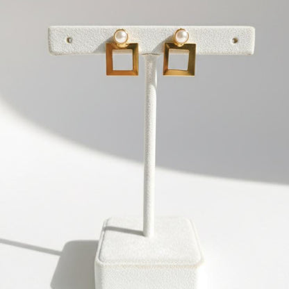 Gold Square Drop Earrings with Pearl Stud – Geometric Modern Minimalist Jewelry