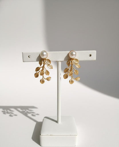 Pearl & Gold Leaf Statement Earrings – Botanical Dangle Jewelry for Her