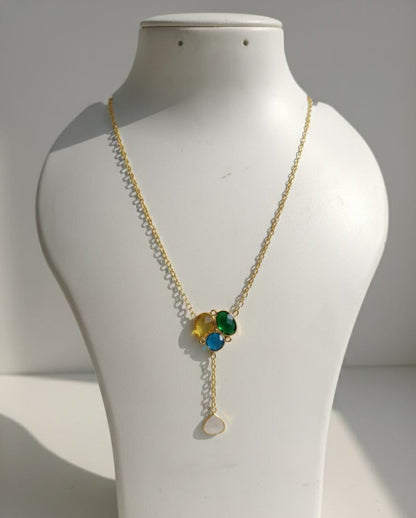 Multicolored Gemstone Drop Pendant Necklace – Gold Floral Cluster Y-Necklace