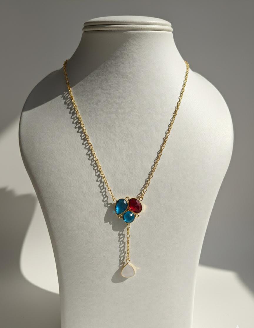 Multicolored Gemstone Drop Pendant Necklace – Gold Floral Cluster Y-Necklace