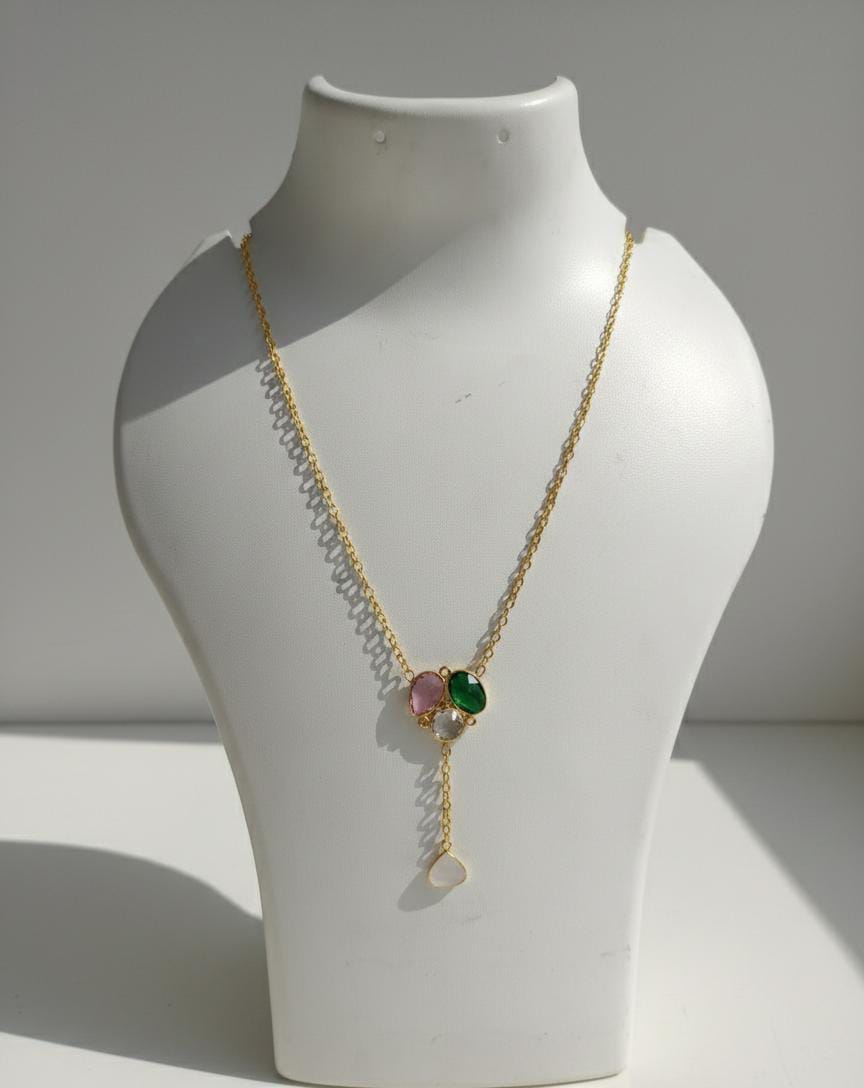 Multicolored Gemstone Drop Pendant Necklace – Gold Floral Cluster Y-Necklace