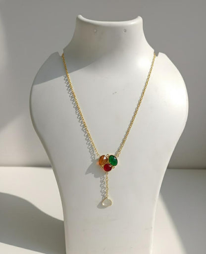 Multicolored Gemstone Drop Pendant Necklace – Gold Floral Cluster Y-Necklace