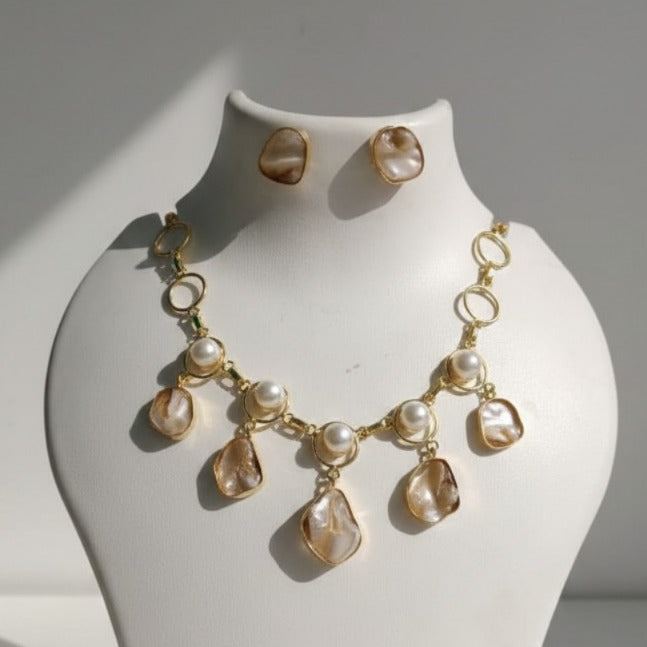 Baroque Pearl & Mother of Pearl Statement Jewelry Set – Gold Architectural Necklace & Earrings Ensemble