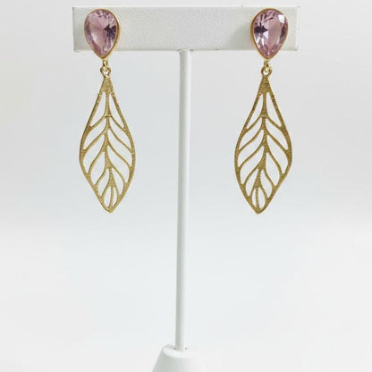 Teardrop Crystal & Gold Cutout Leaf Drop Earrings – Botanical Boho Statement Dangle Jewelry