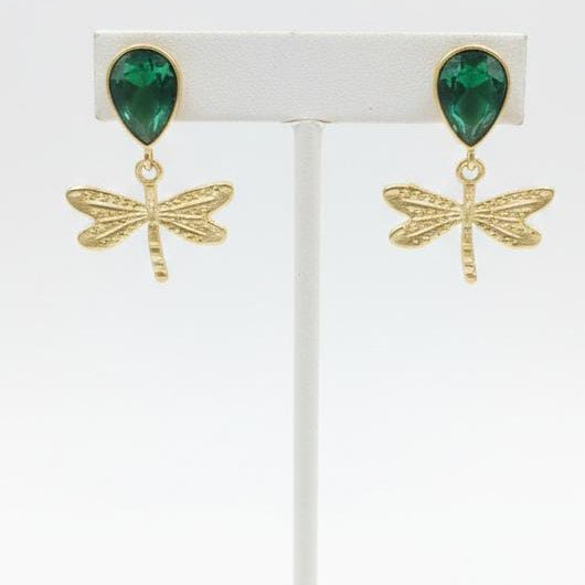 Emerald Dragonfly Statement Earrings – Whimsical Gold-Tone Dangle Jewelry