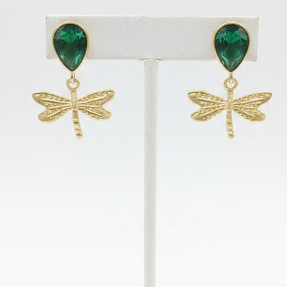 Emerald Dragonfly Statement Earrings – Whimsical Gold-Tone Dangle Jewelry