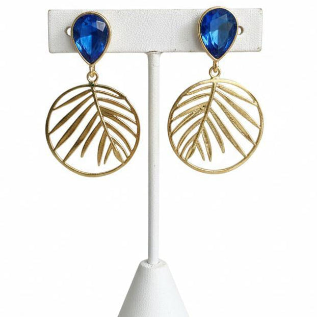 Crystal & Gold Palm Leaf Drop Earrings – Tropical Botanical Statement Dangle Jewelry