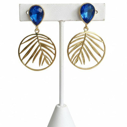 Crystal & Gold Palm Leaf Drop Earrings – Tropical Botanical Statement Dangle Jewelry