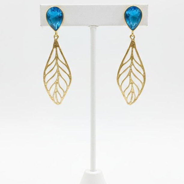 Teardrop Crystal & Gold Cutout Leaf Drop Earrings – Botanical Boho Statement Dangle Jewelry