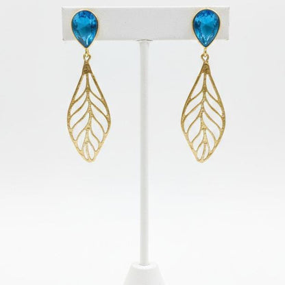 Teardrop Crystal & Gold Cutout Leaf Drop Earrings – Botanical Boho Statement Dangle Jewelry