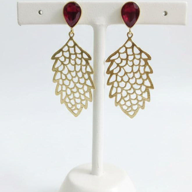Crystal & Gold Filigree Leaf Drop Earrings – Artisan Botanical Statement Jewelry