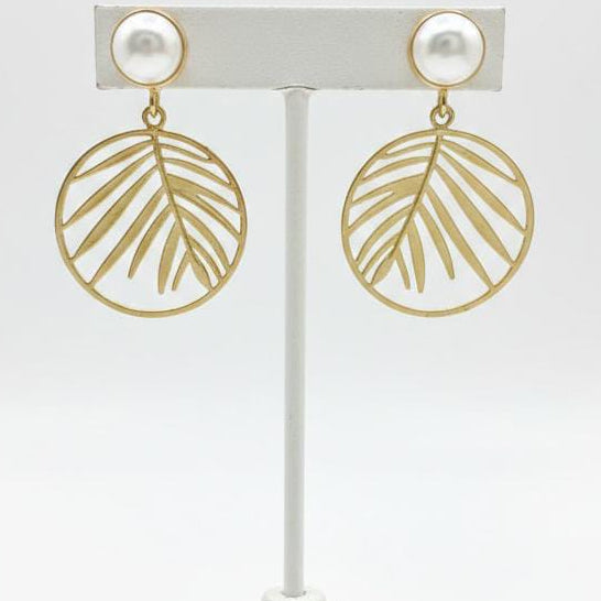 Pearl & Gold Palm Leaf Drop Earrings – Tropical Botanical Statement Dangles