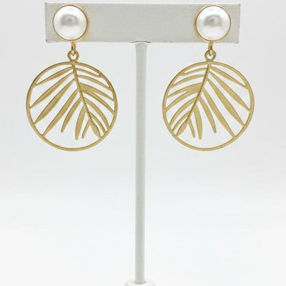 Pearl & Gold Palm Leaf Drop Earrings – Tropical Botanical Statement Dangles