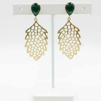 Crystal & Gold Filigree Leaf Drop Earrings – Artisan Botanical Statement Jewelry