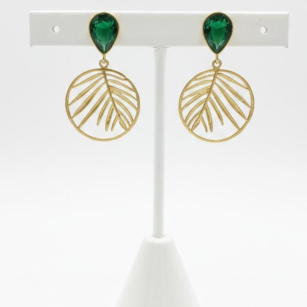 Crystal & Gold Palm Leaf Drop Earrings – Tropical Botanical Statement Dangle Jewelry