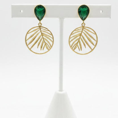 Crystal & Gold Palm Leaf Drop Earrings – Tropical Botanical Statement Dangle Jewelry