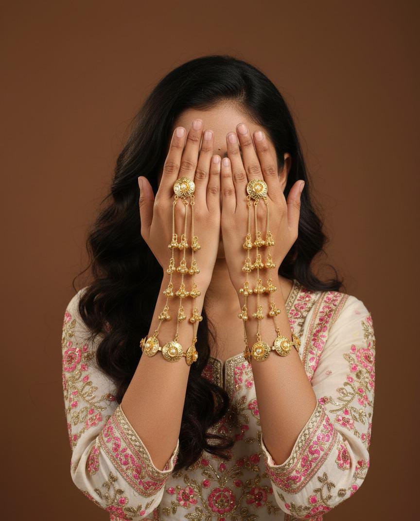 Gold Polki & Pearl Haathphool – Traditional Slave Bracelet & Ethnic Hand Harness