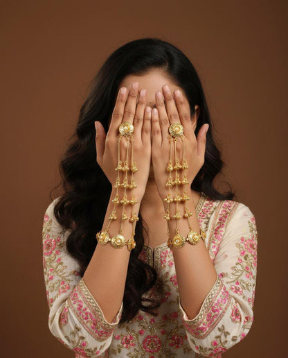 Gold Polki & Pearl Haathphool – Traditional Slave Bracelet & Ethnic Hand Harness