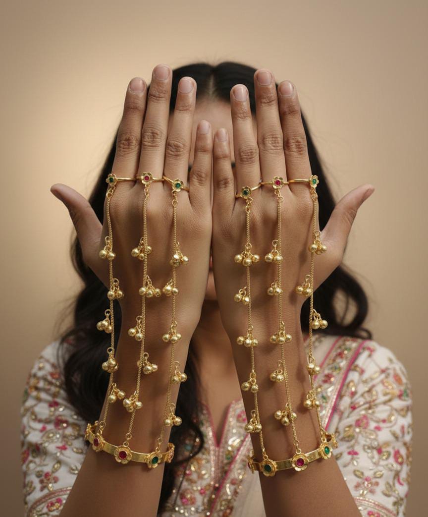 Multicolored Gemstone Gold Haathphool – Traditional Slave Bracelet & Ethnic Hand Harness