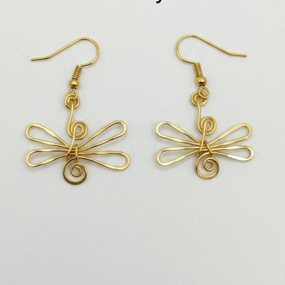 Wire Wrapped Dragonfly Dangle Earrings – Handmade Gold-Tone Nature Statement Jewelry