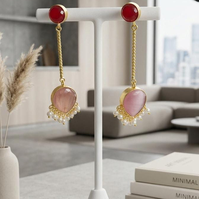 Gemstone Drop Earrings – Gold Plated Beaded Dangle Earrings with Pearl Accents