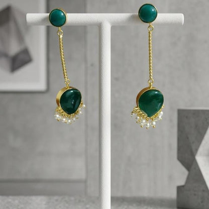 Gemstone Drop Earrings – Gold Plated Beaded Dangle Earrings with Pearl Accents