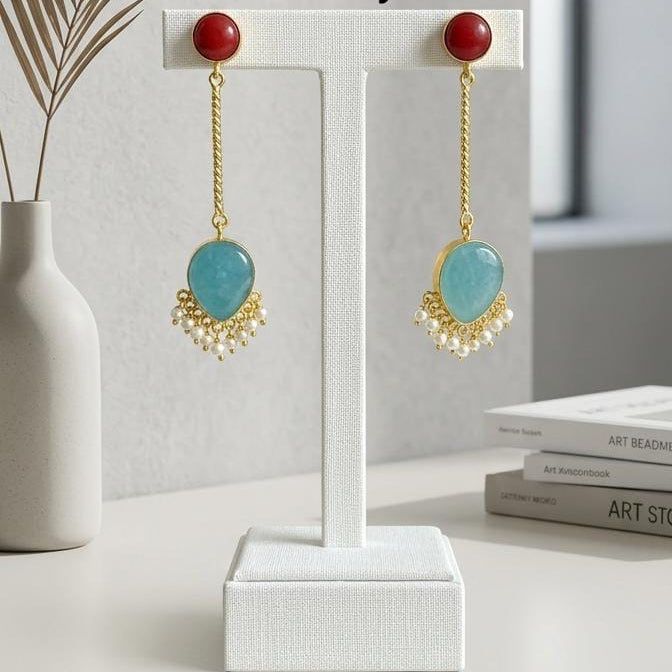 Gemstone Drop Earrings – Gold Plated Beaded Dangle Earrings with Pearl Accents