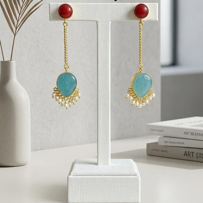 Gemstone Drop Earrings – Gold Plated Beaded Dangle Earrings with Pearl Accents