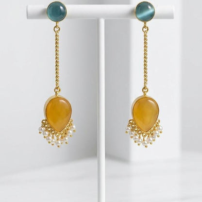 Gemstone Drop Earrings – Gold Plated Beaded Dangle Earrings with Pearl Accents