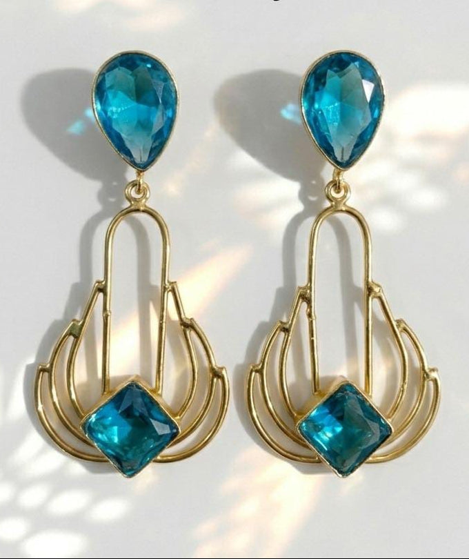 Art Deco Blue Crystal Statement Earrings – Vintage-Inspired Gold Geometric Drop Dangles