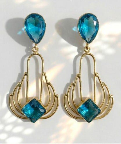 Art Deco Blue Crystal Statement Earrings – Vintage-Inspired Gold Geometric Drop Dangles