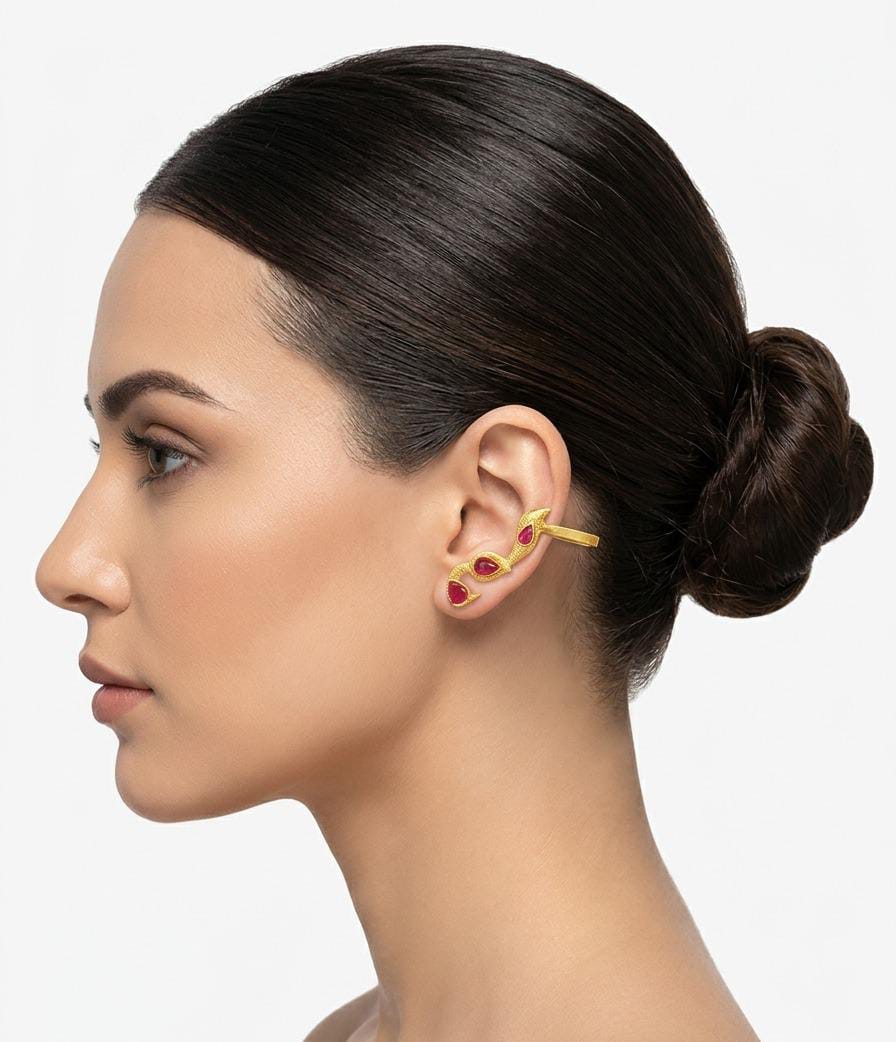 Ruby Red Teardrop Gold Ear Cuff – Statement Cartilage Wrap & Non-Pierced Earpiece