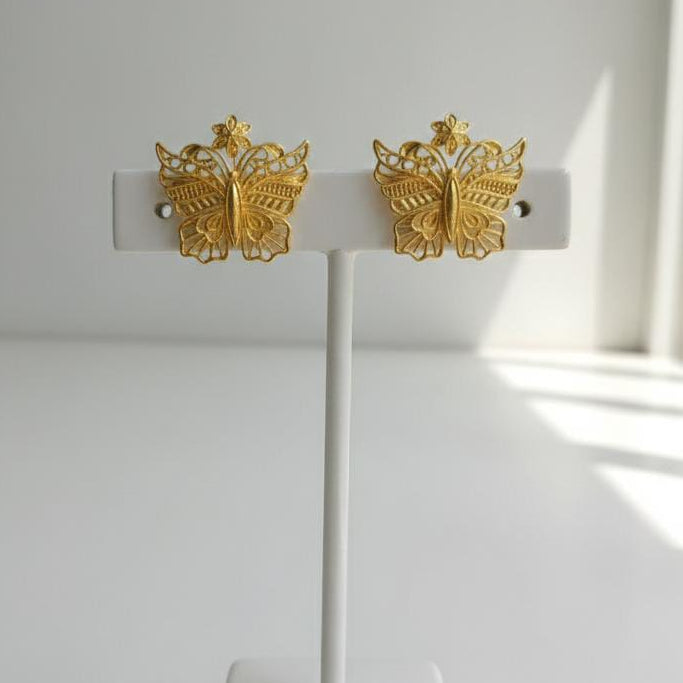 Gold Filigree Butterfly Statement Stud Earrings – Open-Work Botanical & Nature-Inspired Jewelry