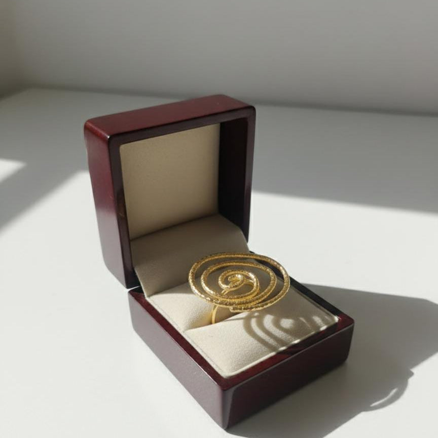 Gold Spiral Statement Ring – Textured Circular Swirl Cocktail Ring & Modern Artisan Jewelry