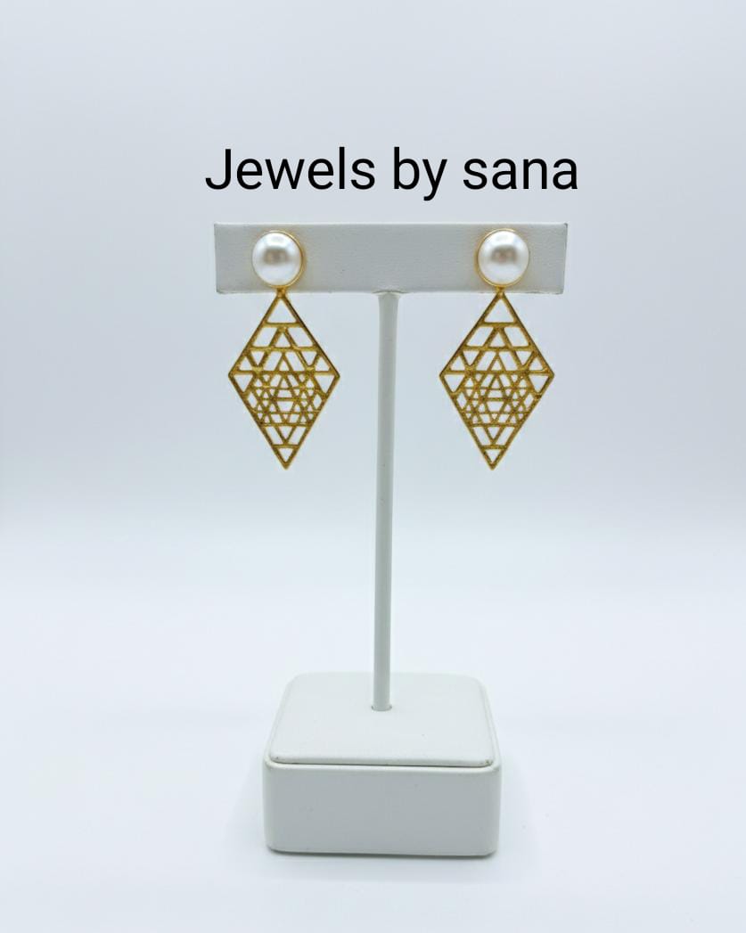 Pearl & Sacred Geometry Gold Drop Earrings – Geometric Diamond Cutout Dangle Jewelry