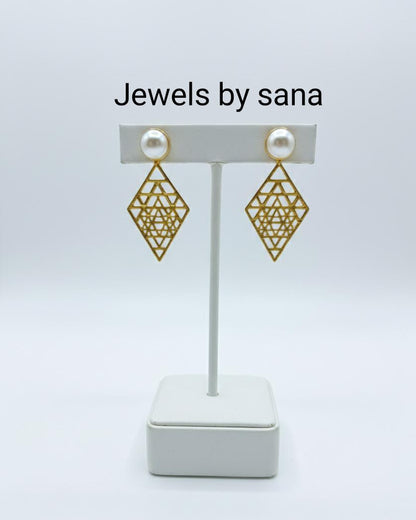 Pearl & Sacred Geometry Gold Drop Earrings – Geometric Diamond Cutout Dangle Jewelry