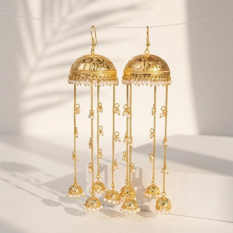 Gold Jhumka & Cascading Chain Dangle Earrings – Traditional Indian Ethnic Jhumki Jewelry