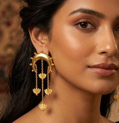 Gold Lotus Chandelier Earrings 🌼 | Boho Crescent Moon Dangle Earrings ✨ | Statement Ethnic Jewelry, Festival & Party Wear