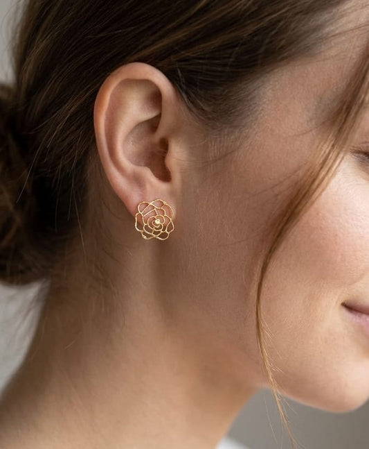 Gold Rose Filigree Stud Earrings • Minimalist Rose Bud Studs