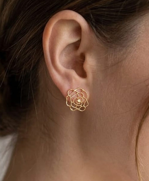 Gold Rose Filigree Stud Earrings • Minimalist Rose Bud Studs