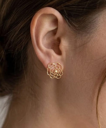 Gold Rose Filigree Stud Earrings • Minimalist Rose Bud Studs